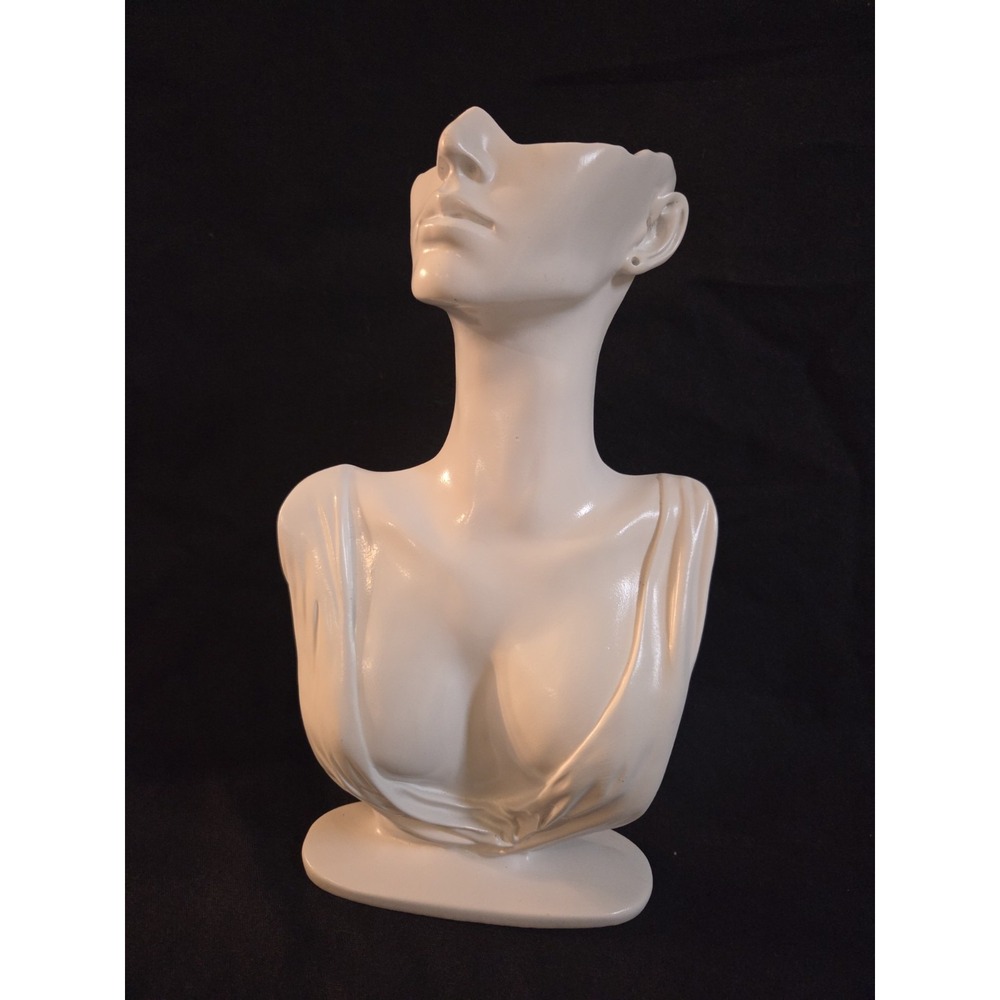 Vintage White Ceramic Female Bust Vase Jewelry Display Postmodern Art Deco 12"